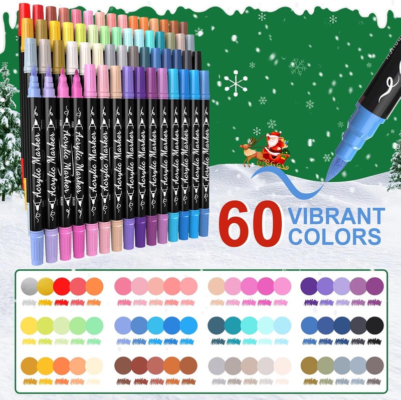 TOSHARE 60 Colors Acrylic Paint Markers - Waterproof Dual Tip Acrylic Paint Pens with Brush & Fine Tip Professional Marker Set Scrapbook Markers for Paper Rock Wood Fabric Glass Ceramic and DIY Crafts - Image 2